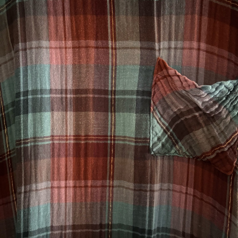 Anthropologie Akemi & Kim‎ Large Blue Red Gold Plaid Tunic Cap Sleeve Lagenlook - Picture 2 of 8